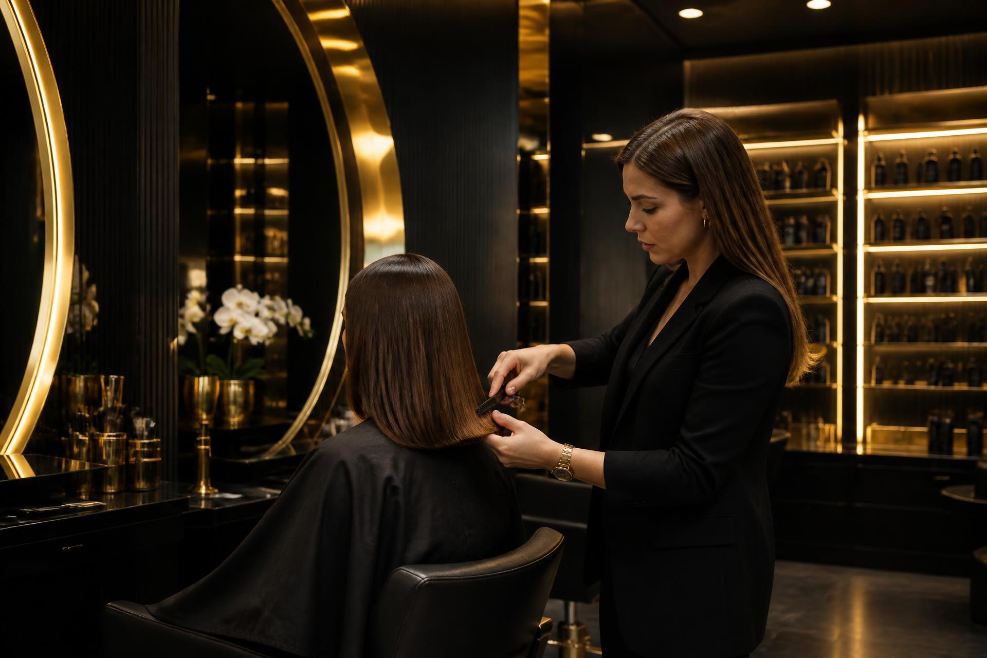 Stylistin schneidet Haar im Studio Elegance
